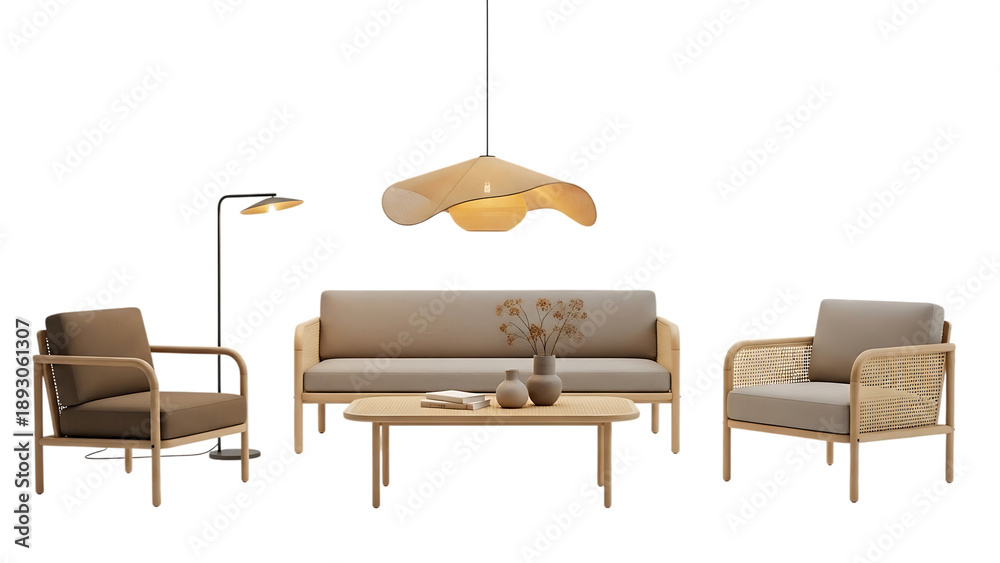 Fototapeta premium Modern Living Room Furniture Set Sofa Armchairs Coffee Table Lamp On Isolated Transparent Background