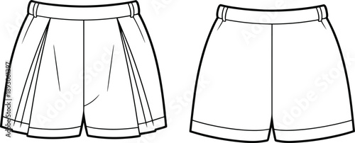 CAD drawing flat vector illustration of women's pleated front shorts, front and back view, technical fashion sketch template design