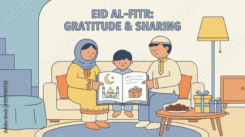 parents teaching a child about the meaning of Eid al-Fitr using simple drawings