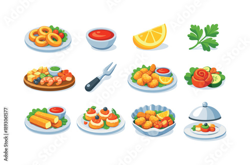 Colorful Appetizer Icons. Restaurant Appetizer. Colorful flat vector icons set of Restaurant Appetizer: calamari rings plate, dipping sauce bowl, lemon slice,