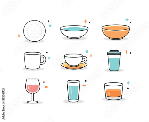 Minimal Tableware Icons. Tableware flat icons. Plates, bowls, cups, and glasses shown as simple vector icons with consistent proportions. Clean dining concept