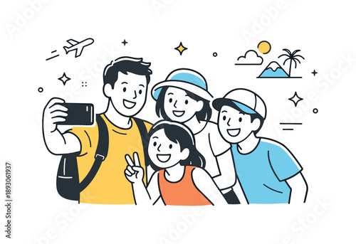 Family Selfie Fun. Family taking holiday photo selfie. One family member holding a phone while others lean in and smile. Casual fun and spontaneous travel