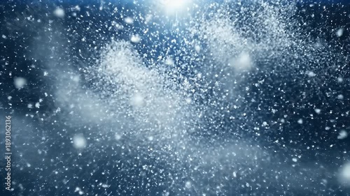 Abstract winter scene with falling snow and bright light, dreamy background.