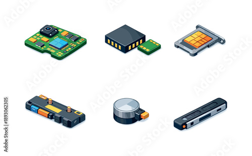 Smartphone Technology Icons. Smartphone technology. Isometric flat vector icons set of Smartphone technology: smartphone motherboard layout, memory storage