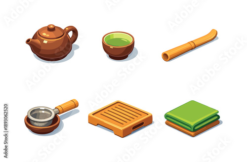 Tea Ceremony Icons. Tea Ceremony Set. Isometric flat vector icons set of Tea Ceremony Set: ceramic teapot, matching teacup, bamboo tea scoop, tea strainer