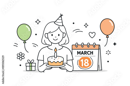 March Birthday Cheer. March birthday celebration. A minimal birthday scene with a character holding a small cake and calendar page marked March. Calm joy, soft