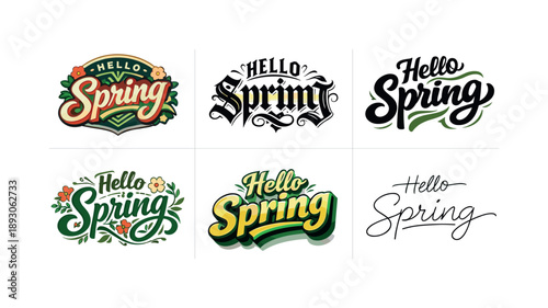Spring Lettering Variations. Spring season hello lettering emblem. Set lettering. harmonious lettering variations of the same emblematic concept, each with