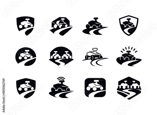 AI Security Logos. AI security patrols. Icon set. Set Logo of AI security patrols: autonomous rover patrolling path. harmonious logo variations of the same