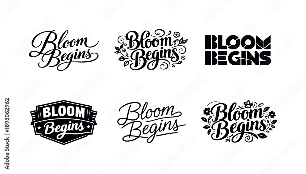 Obraz premium Diverse Lettering Styles. Bloom begins. Set lettering. harmonious lettering variations of the same emblematic concept, each with different artistic
