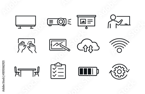 Modern Classroom Icons. Modern Classroom Technology. Line icon set of Modern Classroom Technology: smart board, projector beam, lesson slides,
