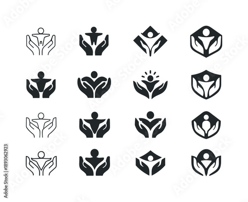 Poverty Alleviation Icons. Poverty alleviation. Icon set. Set Logo of poverty alleviation: helping hand. harmonious logo variations of the same emblematic