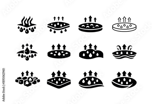 Evaporation Icon Set. Evaporation and condensation. Icon set. Set Logo of Evaporation and condensation: condensed droplets on surface. harmonious