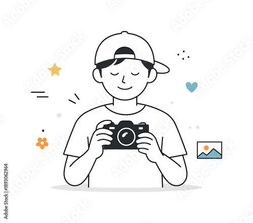 Creative Photo Meditation. Photography for creative relaxation. A person enjoying taking photos as a peaceful pastime, camera gently held at chest level.