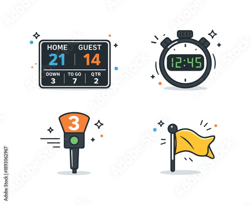 Football Icon Set. American football scoreboard icons. A modern icon set with scoreboard, timer, yard markers, and penalty flag. The mood reflects competition,