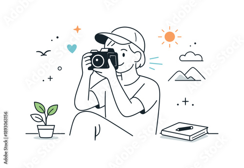 Artful Photography Moment. Everyday photography. A relaxed scene of a person enjoying taking pictures as a personal hobby. Calm focus and artistic satisfaction