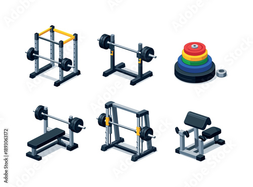 Strength Training Icons. Strength training. Isometric flat vector icons set of Strength training: power rack cage, squat rack with barbell, weight plates