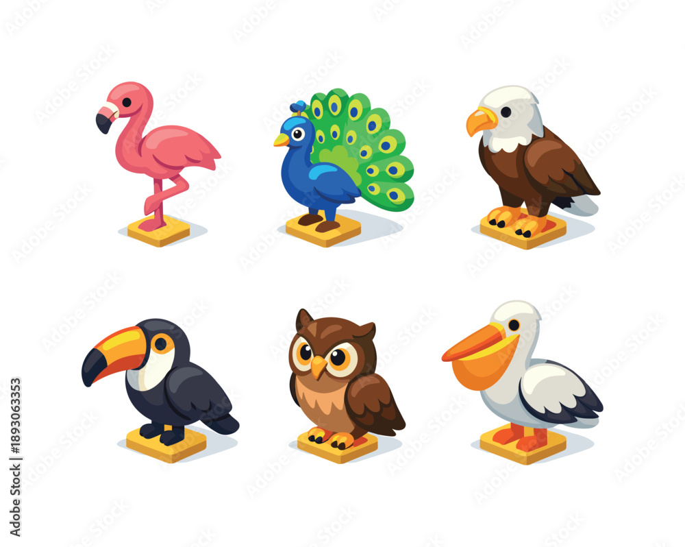 Fototapeta premium Colorful Bird Icons. Birds. Isometric flat vector icons set of birds: flamingo, peacock, eagle, toucan, owl, pelican. Arrange all isometric objects in a ? grid