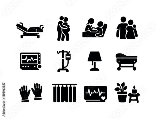 Birth Center Icons. Birth center room. Solid icon set of birth center room: birthing bed, mother support, midwife care, partner presence, monitoring equipment,