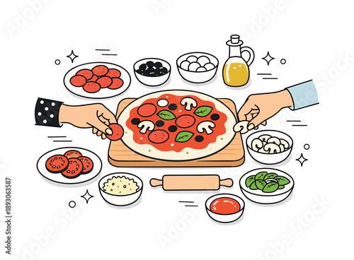 Homemade Pizza Gathering. Pizza night at home. A simple tabletop scene with homemade pizza ingredients, hands reaching for toppings, warm and