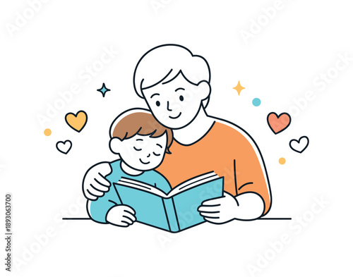 Family Storytime Harmony. Family closeness. Parent holding a child while reading a story, subtle abstract hearts and dots floating nearby. Warm, calm, and