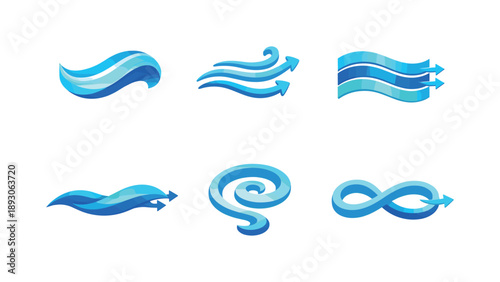 Airflow Icon Grid. Airflow. Isometric flat vector icons set of airflow: flowing air ribbon, curved motion line, layered wind stream, smooth directional wave,