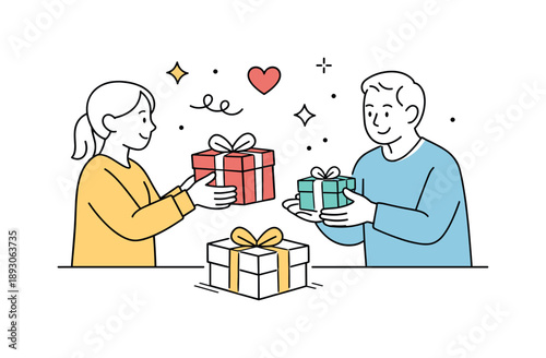 Joyful Gift Exchange. Friendly gift exchange. A quiet scene where gifts are being passed between friends or family members, with small decorative accents in