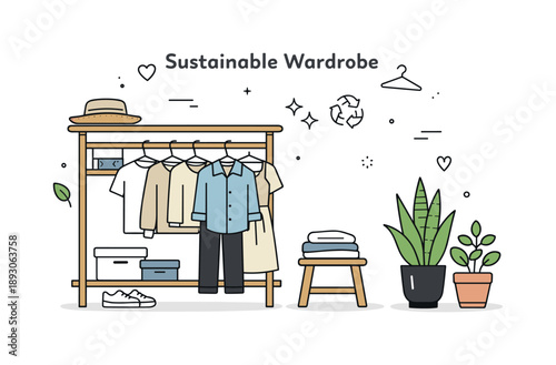Eco-Friendly Wardrobe Scene. Sustainable wardrobe scene. A limited set of clothes in calm colors, plants nearby hinting at eco-conscious fashion and long-term