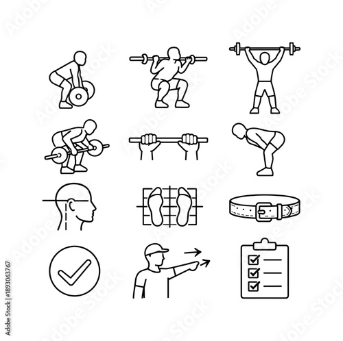 Strength Training Icons. Strength training form. Line icon set of Strength training form: deadlift posture, squat technique, overhead press, bent row, barbell