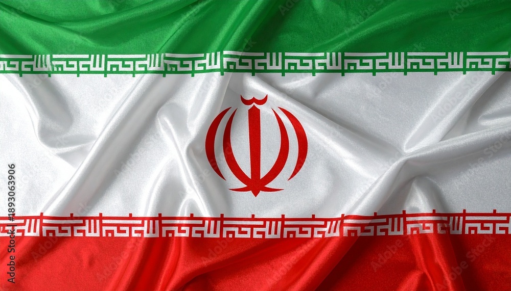 Fototapeta premium Iranian flag with green, white, and red stripes, central emblem, and Kufic script, shown on folded fabric.