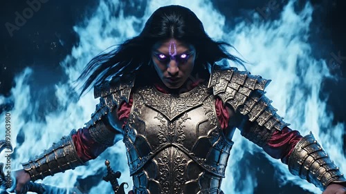 Mystical Warrior Unleashes Fiery Power - A Fantasy Scene of Epic Proportions.