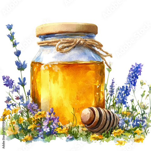 Honey Jar Surrounded By Flowers, colorful watercolor painting with bold outlines, isolated on a white background.