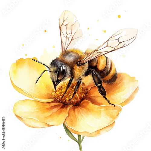Honeybee On A Flower, cute watercolor illustration with intricate patterns and vibrant splashes, isolated on a white background.