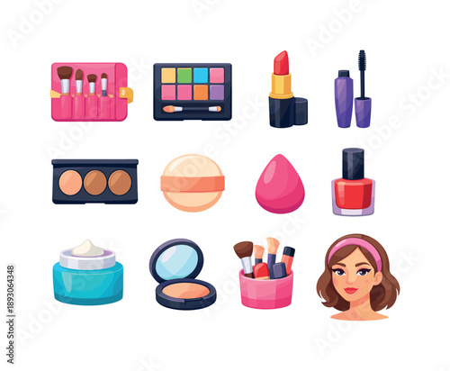 Colorful Makeup Icons. Makeup collection. Colorful flat vector icons set of Makeup collection: brush roll, eyeshadow palette, matte lipstick, mascara tube,
