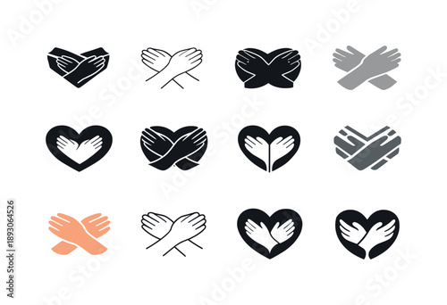 Hands Holding Chest Logos. Hands holding chest. Icon set. Set Logo of hands holding chest: self-care gesture with hands crossed over chest. harmonious logo
