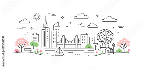 Spring City Silhouette. Spring city skyline silhouettes. Clean minimal skyline with simplified buildings and soft spring accents, expressing calm urban life