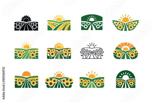 Sunflower Icon Collection. Field of sunflowers. Icon set. Set Logo of field of sunflowers: blooming sunflower rows. harmonious logo variations of the same
