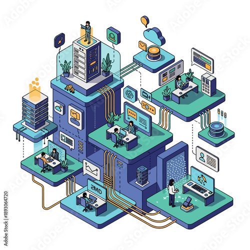 Isometric illustration of a modern office building with multiple workstations and employees.