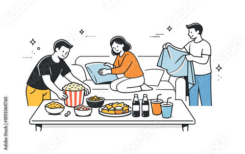 Cozy Movie Night. Preparing a movie night. Person arranging snacks, popcorn, and drinks on a table while others adjust pillows and blankets, setting up a cozy