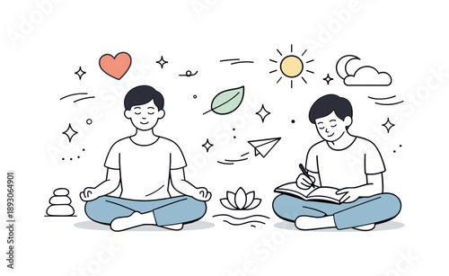 Mindful Meditation Scene. Mindful self-care. Individual meditating or journaling with calming surroundings, emphasizing awareness, acceptance, and