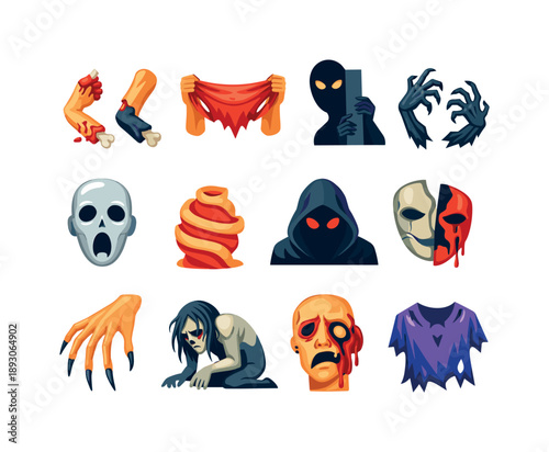 Twisted Horror Icons. Twisted horror. Colorful flat vector icons set of twisted horror: broken limbs, stretched skin, lurking shadow, gnarled hands, hollow