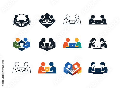 Daily Work Icons. Daily work routine scenes. Icon set. Set Logo of Daily work routine scenes: collaborating with coworker. harmonious logo variations of the