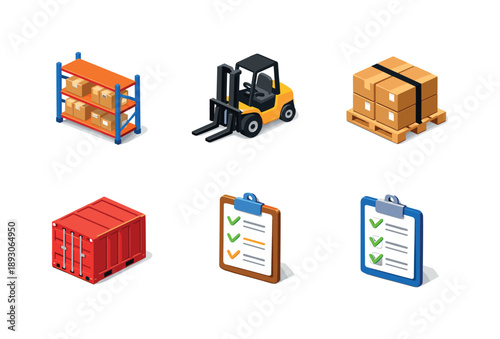 Logistics Icon Set. Logistics. Isometric flat vector icons set of logistics: warehouse shelving unit, forklift vehicle, cargo pallet load, shipping container,