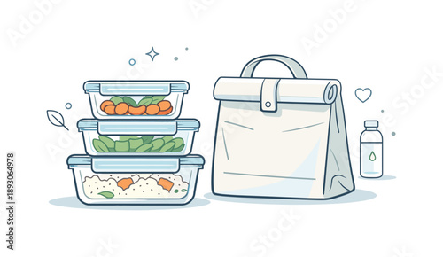 Minimalist Lunch Setup. Clear glass containers. A scene with stacked glass food containers beside a lunch bag, capturing a calm routine of preparation, reuse,
