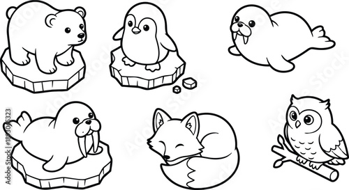 Line art kawaii arctic animal icons close up polar bear on ice floe penguin on ice cubes walrus sleeping fox curled owl on branch playful outline