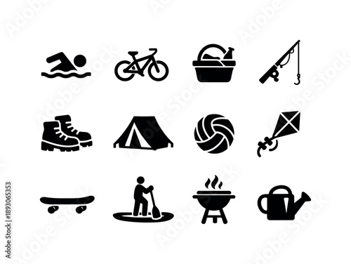 Summer Activity Icons. Summer activities. Solid icon set of summer activities: swimming icon, bicycle, picnic basket, fishing rod, hiking boots, camping tent,