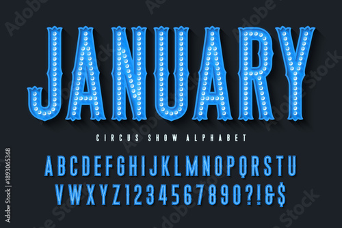 Retro marquee show alphabet design, bright lights LED lamps letters and numbers.