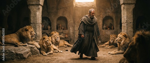 Old man, a prophet Daniel, walking among lions in their den. Biblical scene depicting faith and divine protection from danger. Banner with copy space