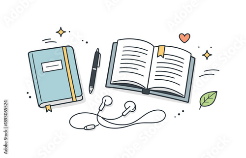 Casual Learning Flatlay. Casual learning lifestyle. A flat-lay scene with a journal, pen, open book, and earphones. Calm self-education and learning in flow,