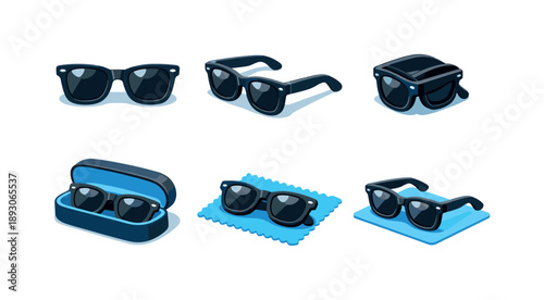 Isometric Eyewear Icons. Eyewear. Isometric flat vector icons set of eyewear: sunglasses front view, sunglasses side view, folded sunglasses, sunglasses with