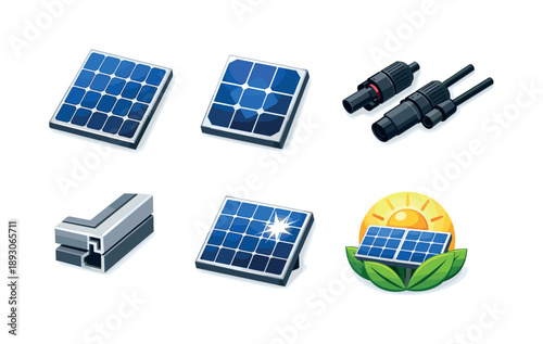 Isometric Solar Panel Icons. Solar panel. Isometric flat vector icons set of Solar panel: solar panel close-up cells, photovoltaic cell pattern, wiring